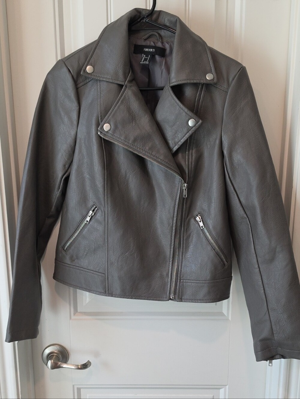 Forever 21 Gray Faux Leather Moto Jacket with Asymmetrical Zip